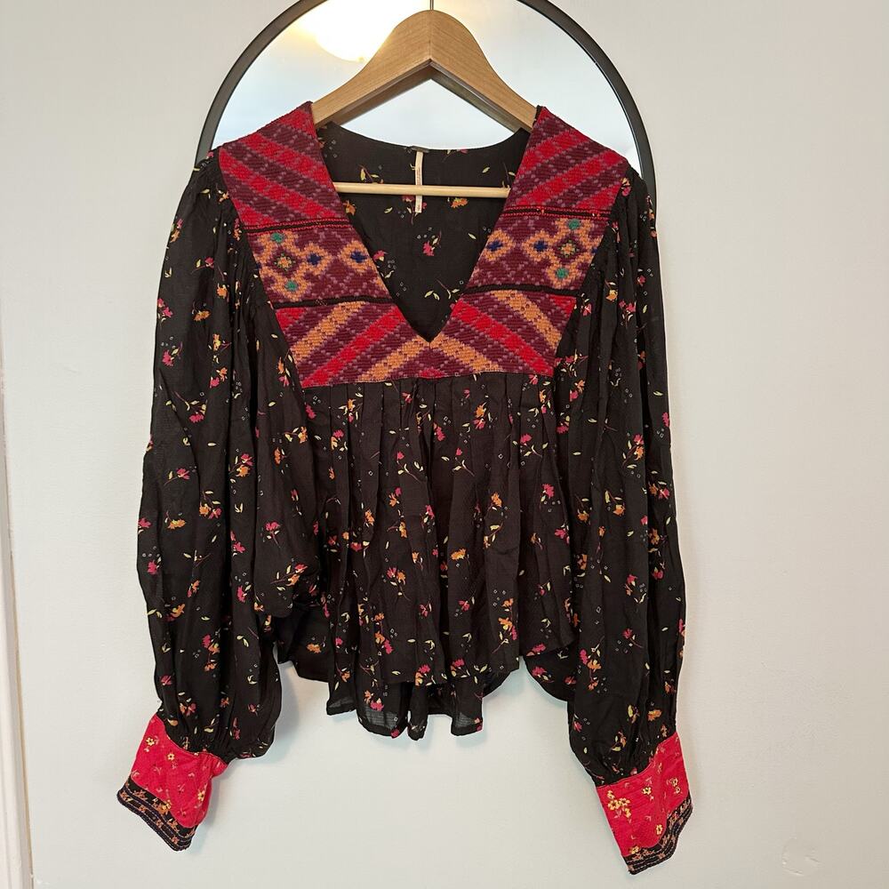 Free People Embroidered Yoke Floral Print Balloon Sleeve Blouse Top Small